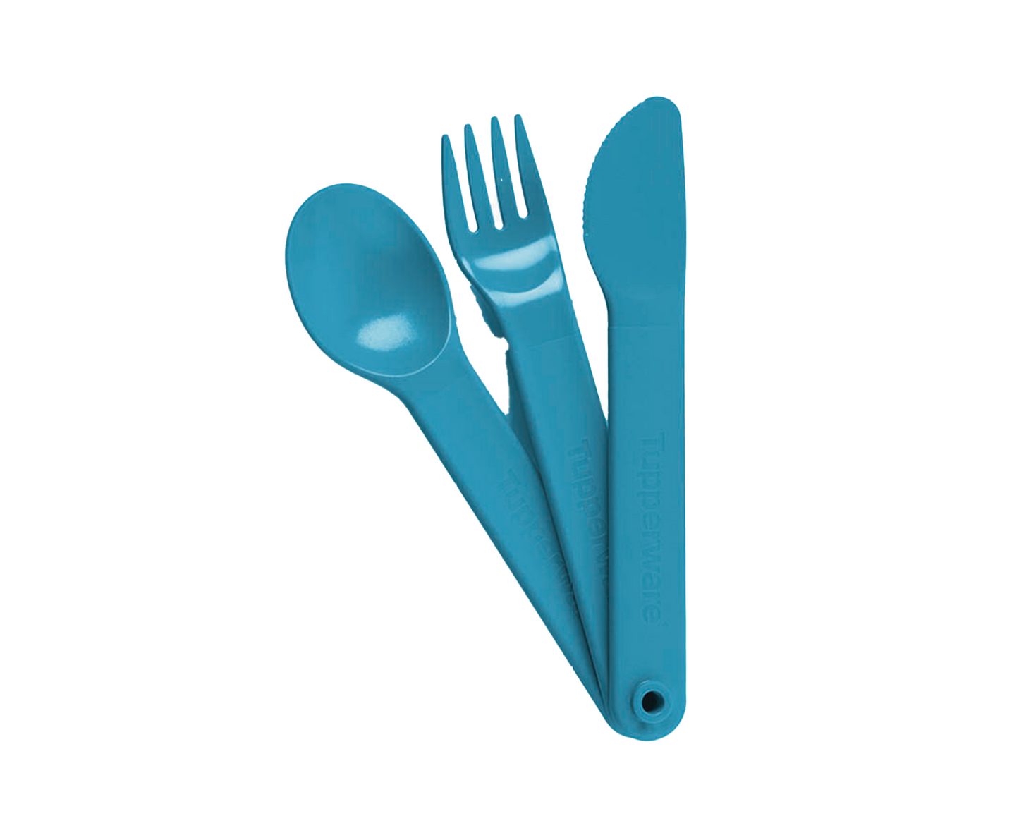 Blue TuppAfrica cutlery set with forks, knives, and spoons arranged on a table for dining.