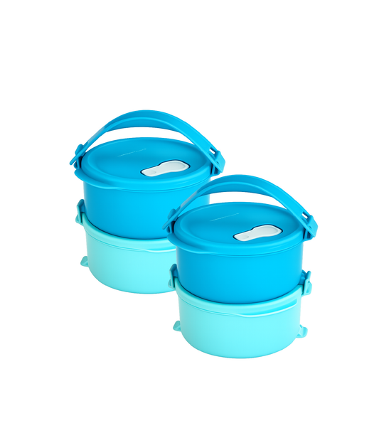 Two TuppAfrica Click To Go small round microwave containers, 550ml capacity, ideal for food storage and microwave reheating.