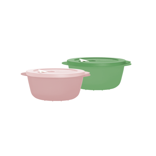 Two TuppAfrica Crystalwave Rounds 800ml glass storage containers with clear lids, set of 2, for kitchen organization and food storage.