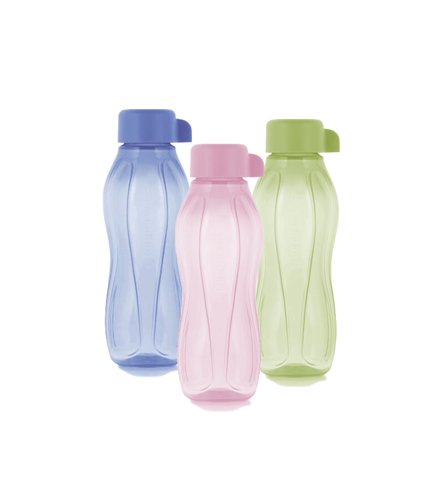 Three TuppAfrica Eco Bottles, 300ml each, made of eco-friendly material, shown with caps and transparent bodies.