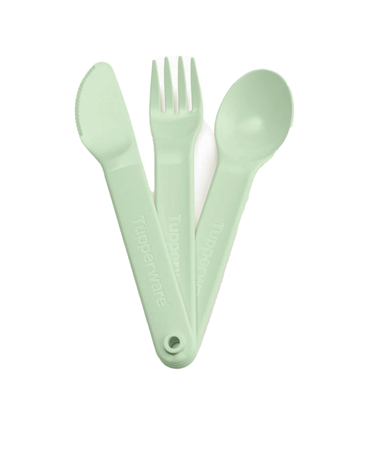 TuppAfrica cutlery set with green handles including forks, knives, and spoons arranged on a white background.