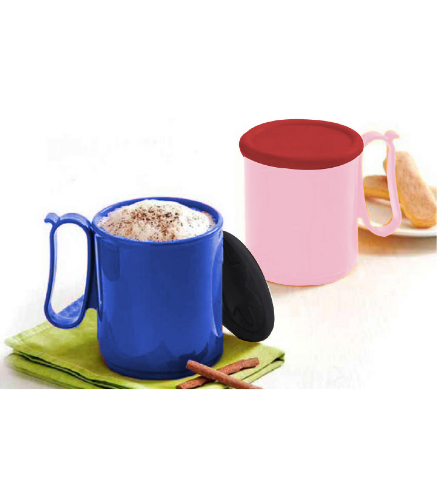 Two TuppAfrica jumbo mugs in vibrant colors, large ceramic coffee mugs with sturdy handles and bold designs.