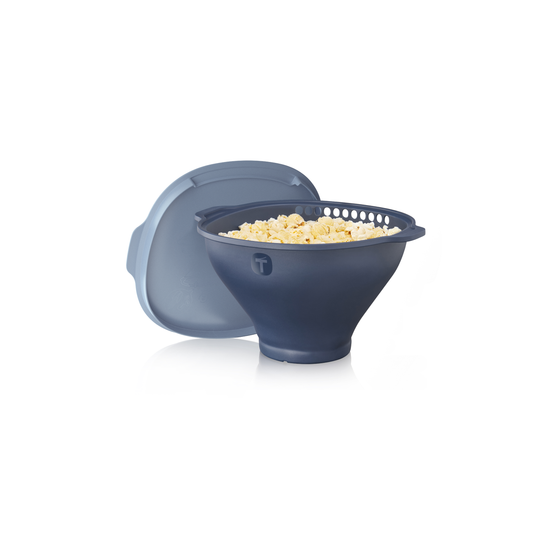 TuppAfrica microwave popcorn maker, compact kitchen appliance for quick popcorn preparation, shown with popcorn inside.