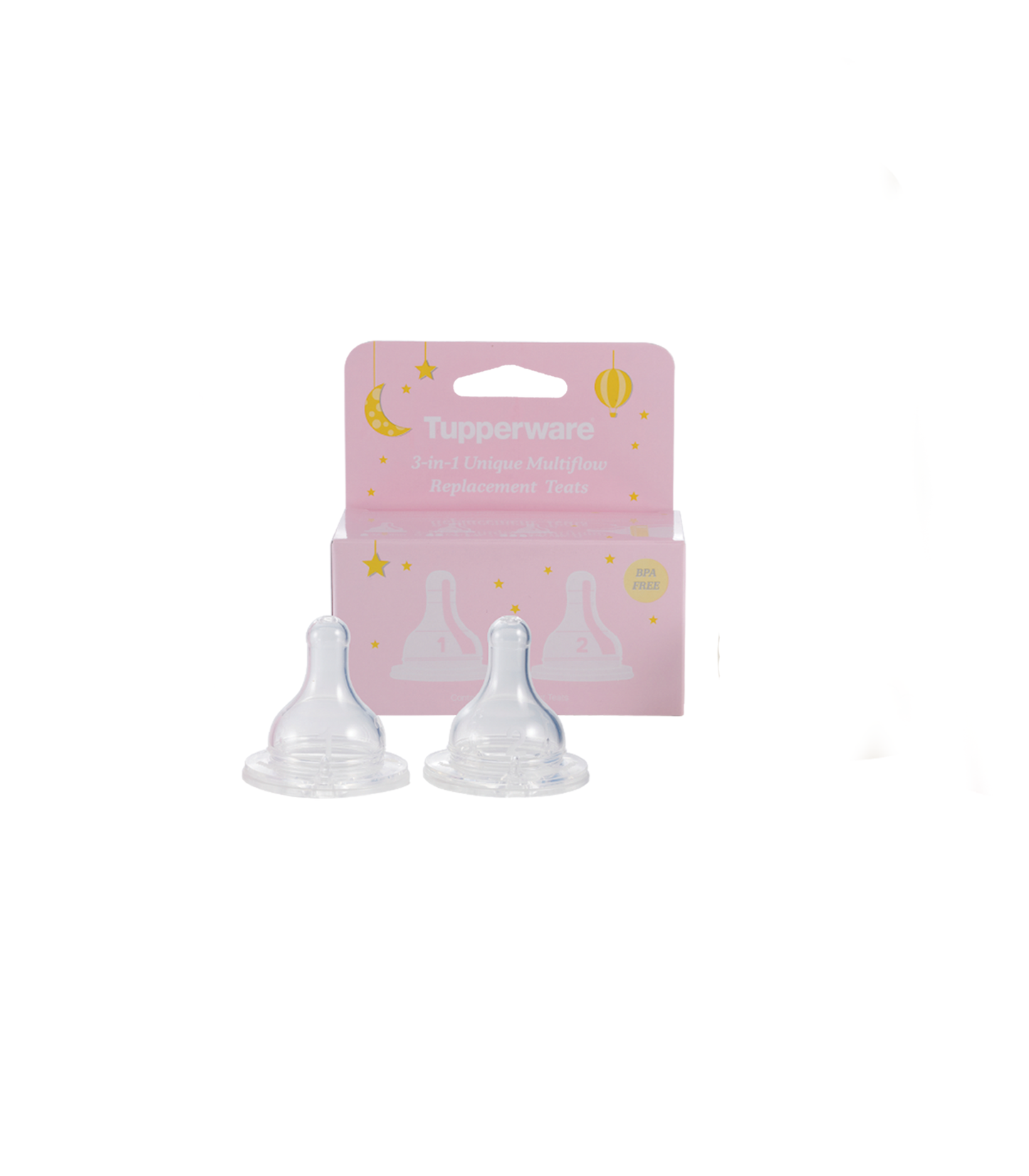 Two TuppAfrica replacement teats for baby bottles, made of soft silicone, shown in a close-up image.